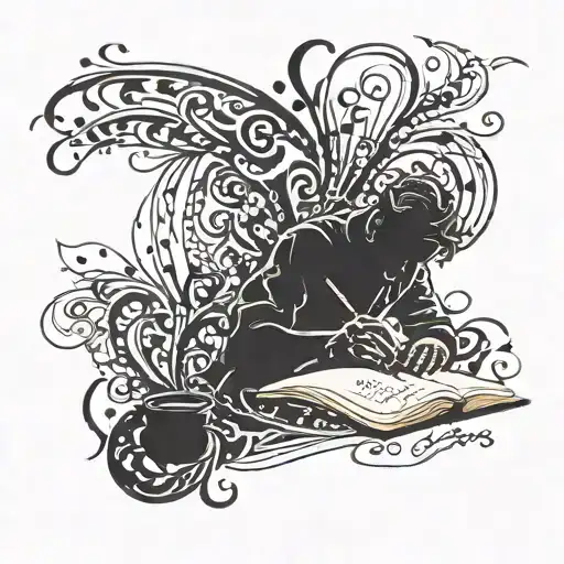 A silhouette of a person writing with a quill pen, surrounded by swirling words and pages tattoo design idea