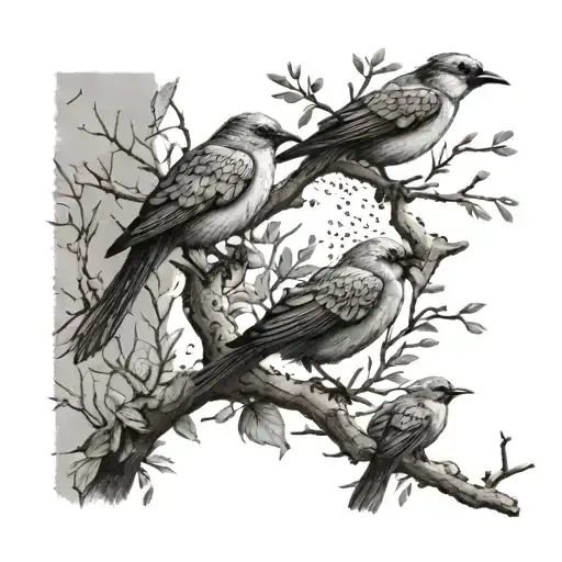 A tree branch with various birds perched on it, each representing a different aspect of the client's personality tattoo design idea