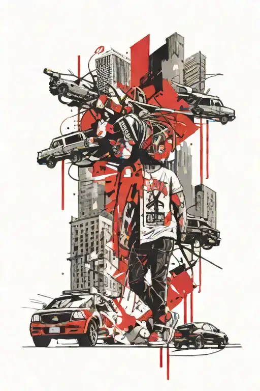 a person navigating through a dense urban environment with skyscrapers, street signs, and graffiti. tattoo design idea