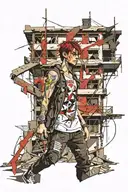 a young person with a rugged look, standing in front of an abandoned building. Add elements like broken windows, street  tattoo design idea
