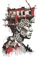 a young person with a rugged look, standing in front of an abandoned building. Add elements like broken windows, street  tattoo design idea