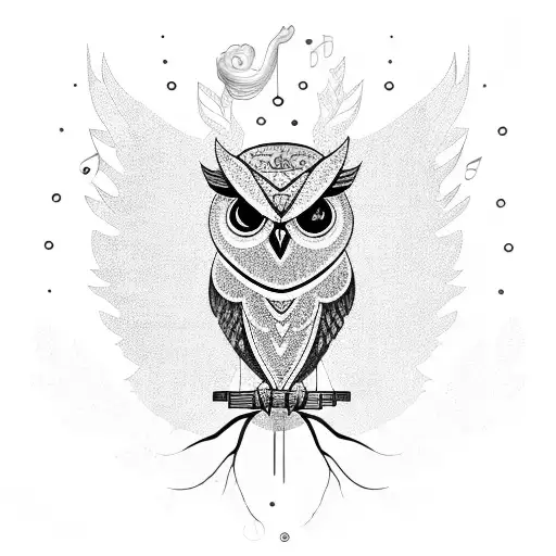 A majestic owl perched on a tree branch, surrounded by swirling musical notes tattoo design idea