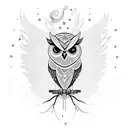 A majestic owl perched on a tree branch, surrounded by swirling musical notes tattoo design idea