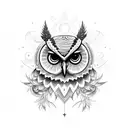 A majestic owl perched on a tree branch, surrounded by swirling musical notes tattoo design idea