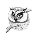 A majestic owl perched on a tree branch, surrounded by swirling musical notes tattoo design idea