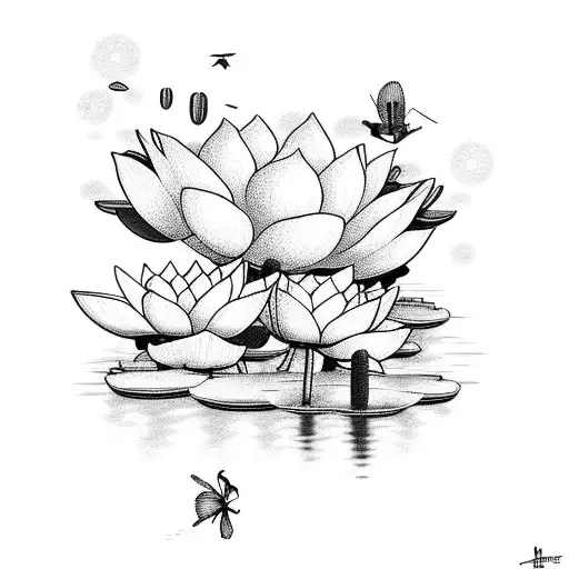 A tranquil lake surrounded by blooming lotus flowers and dragonflies tattoo design idea