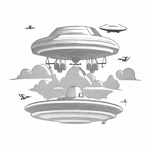 A minimalist UFO hovering over a farm with cows and a guitar in the background tattoo design idea