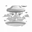 A minimalist UFO hovering over a farm with cows and a guitar in the background tattoo design idea