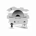 A minimalist UFO hovering over a farm with cows and a guitar in the background tattoo design idea
