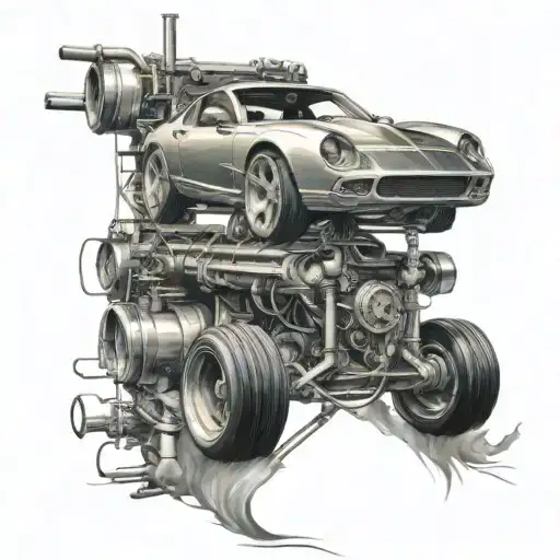 Incorporate a sleek exotic car into a dynamic oilfield scene tattoo design idea