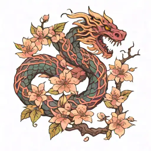 Jörmungandr wrapped around cherry blossom tree in color  tattoo design idea