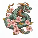 Jörmungandr wrapped around cherry blossom tree in color  tattoo design idea