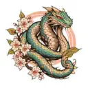 Jörmungandr wrapped around cherry blossom tree in color  tattoo design idea
