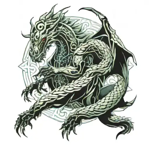 A spiritual warrior battling a dragon made of money tattoo design idea
