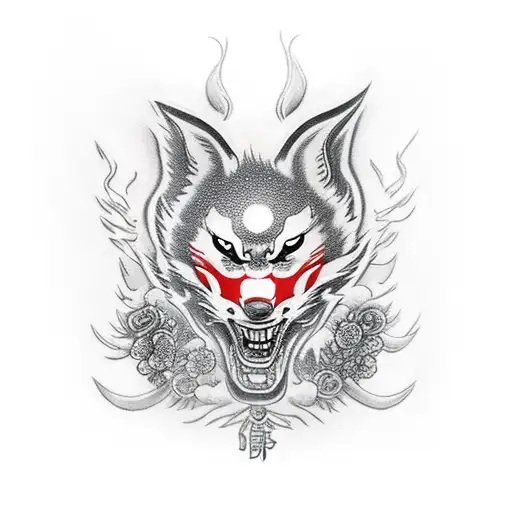 Geisha whit half removed kitsune mask tattoo design idea