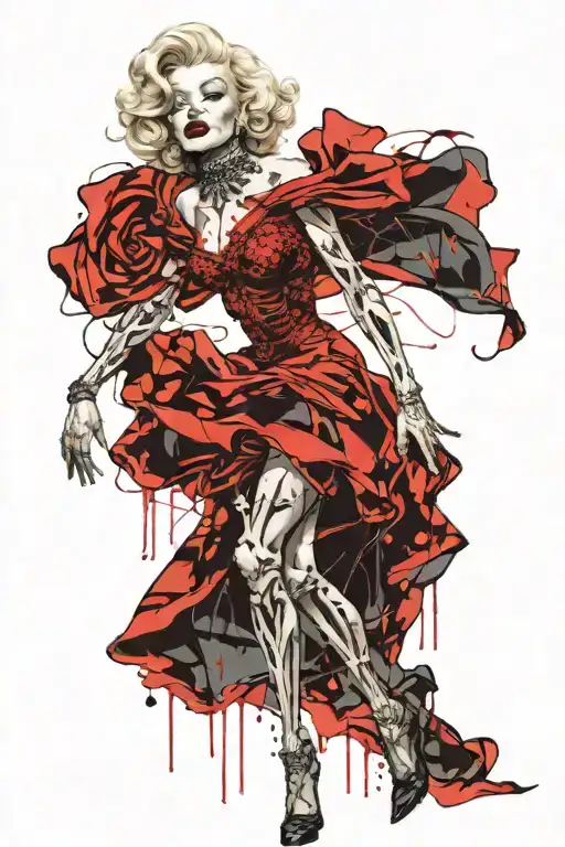 human skeleton in a dress blown by the wind in a pose like Marilyn Monroe tattoo design idea