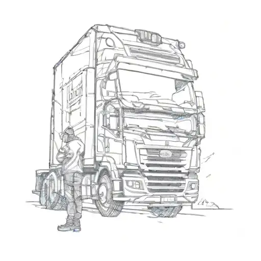 a man standing next to a truck parked in front tattoo design idea