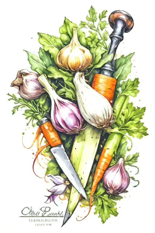 Chef knife, garlic, shallot, celery, carrot  tattoo design idea