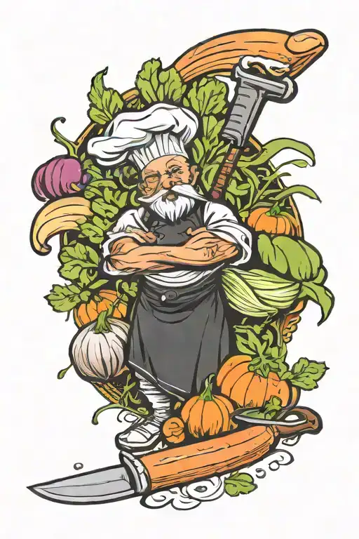 Chef knife, garlic, shallot, celery, carrot  tattoo design idea