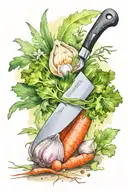 Chef knife, garlic, shallot, celery, carrot  tattoo design idea