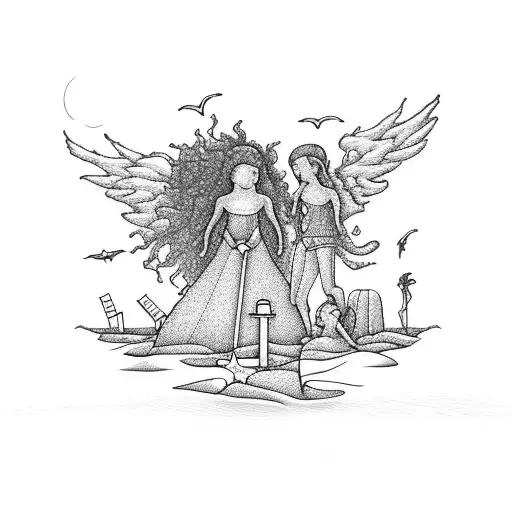 A beautiful blackwork representation of a beach scene at sunset, with two children building sandcastles and an angel flying above tattoo design idea