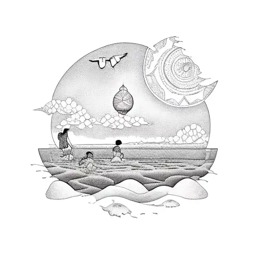 A beautiful blackwork representation of a beach scene at sunset, with two children building sandcastles and an angel flying above tattoo design idea