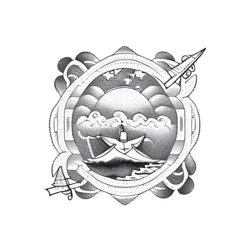 A beautiful blackwork representation of a beach scene at sunset, with two children building sandcastles and an angel flying above tattoo design idea