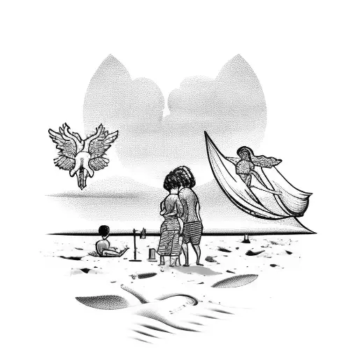 A beautiful blackwork representation of a beach scene at sunset, with two children building sandcastles and an angel flying above tattoo design idea
