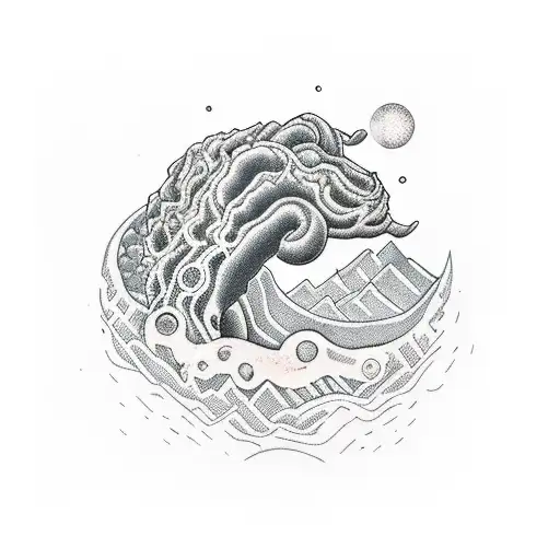 inner forearm, river flowing towards wrist tattoo of river flowing away from mountains with sun in background tattoo design idea