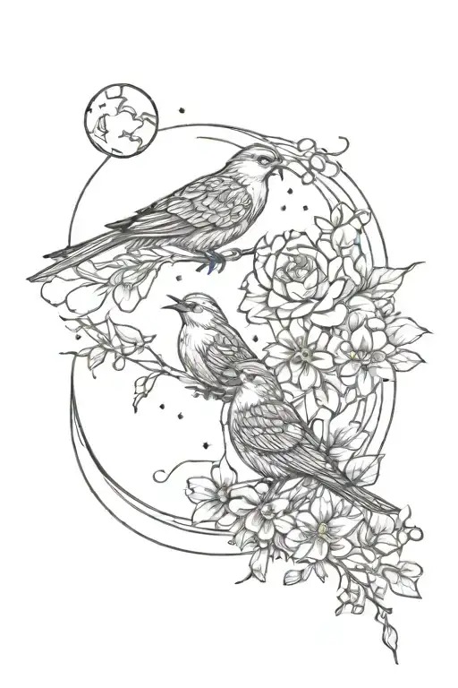 birds, flowers, clouds, stars, moon tattoo design idea
