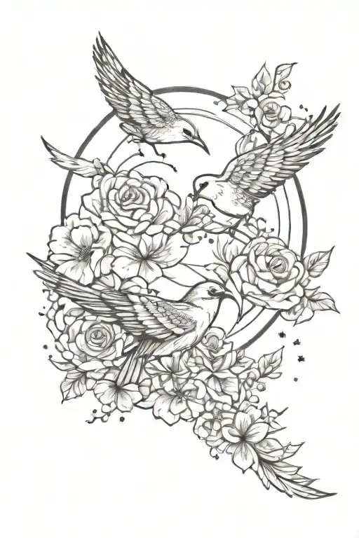 birds, flowers, clouds, stars, moon tattoo design idea