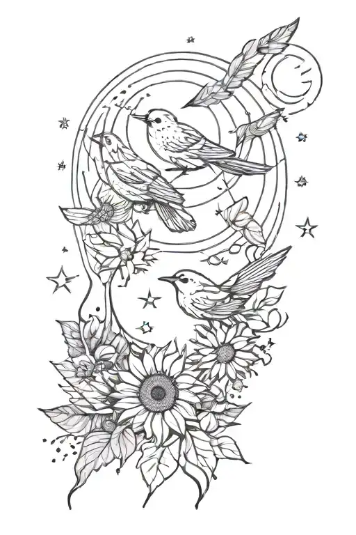 birds,sunflowers, clouds, stars, moon phases tattoo design idea