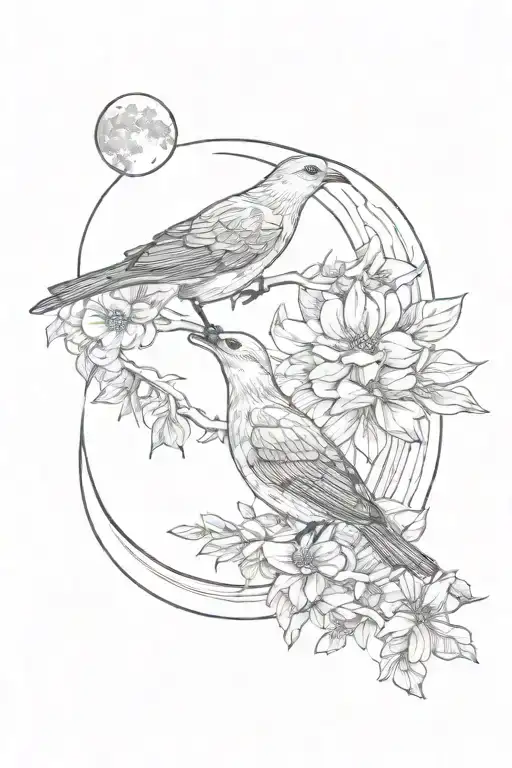 birds, flowers, clouds, stars, moon tattoo design idea