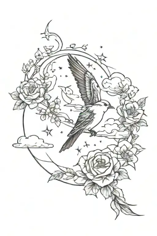 birds, flowers, clouds, stars, moon tattoo design idea