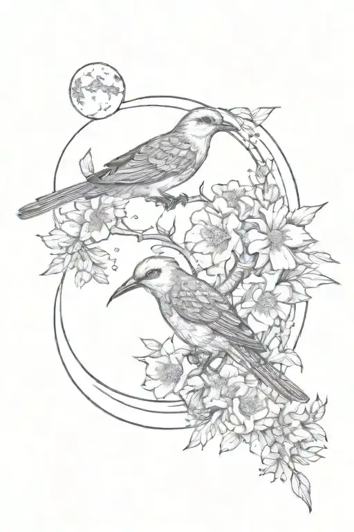 birds, flowers, clouds, stars, moon tattoo design idea
