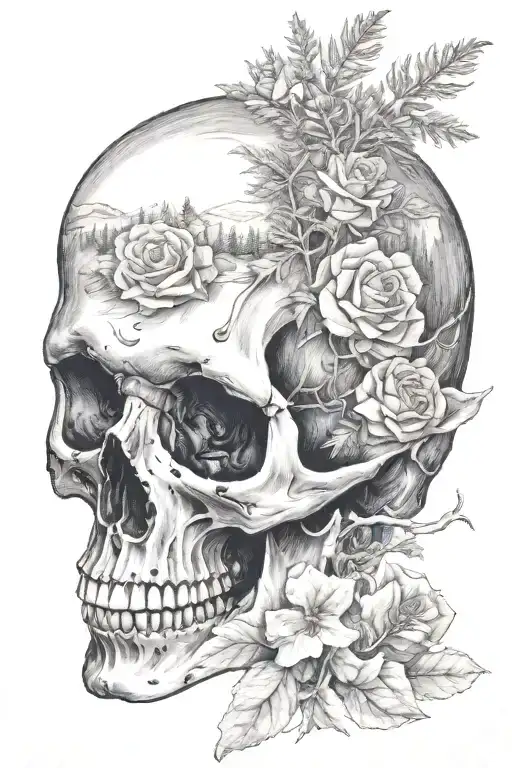 skier, winter landscape, skull, rose, snow-covered fir trees, ski tattoo design idea