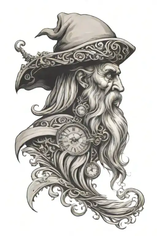 Black and grey father time with one eye as clock and a long beard that turns into the sands of time tattoo design idea