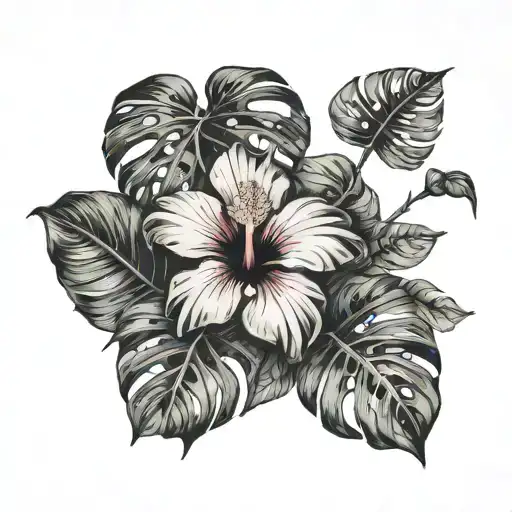 Hibiscus flowers and monstera leaves. Horizon Zero Dawn tattoo design idea