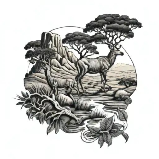 South African landscape tattoo featuring kudu tattoo design idea