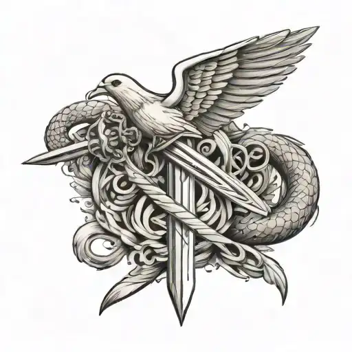 A sword with a dove sitting on the handle with wings out. A snake wrapped around the blade, the blade driven into a burn tattoo design idea