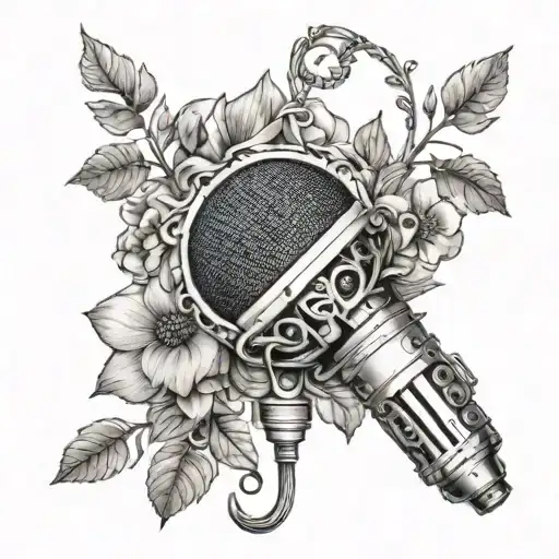 A microphone intertwined with delicate floral vines, inspired by Lana Del Rey's music career tattoo design idea