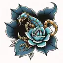 a scorpion holding a blue rose  tattoo design idea