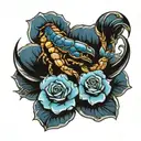 a scorpion holding a blue rose  tattoo design idea