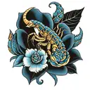 a scorpion holding a blue rose  tattoo design idea