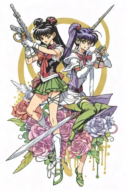 Sailor Pluto and Sailor Saturn from sailor moon holding their weapons with watercolor background tattoo design idea