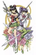 Sailor Pluto and Sailor Saturn from sailor moon holding their weapons with watercolor background tattoo design idea