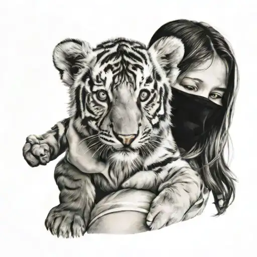 masked baby holding tiger tattoo design idea