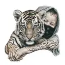 masked baby holding tiger tattoo design idea