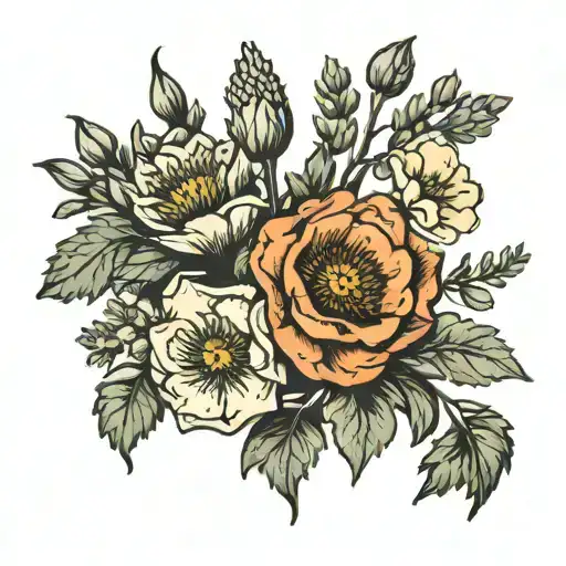 narcisus flower poppy flower aster flower bouquet tattoo design idea