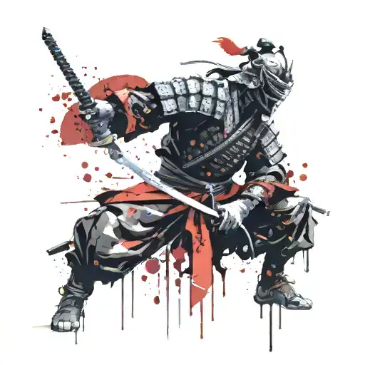 samurai on his knees committing seppuku with sword and lots of blood, wearing armour tattoo design idea